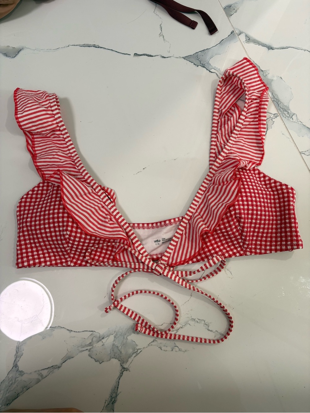 aerie Red Gingham & Stripe Ruffle Bikini Top
